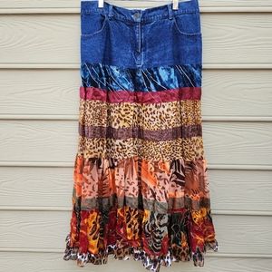 (EUC) VTG Boho Multi Fabric Tiered Midi Skirt